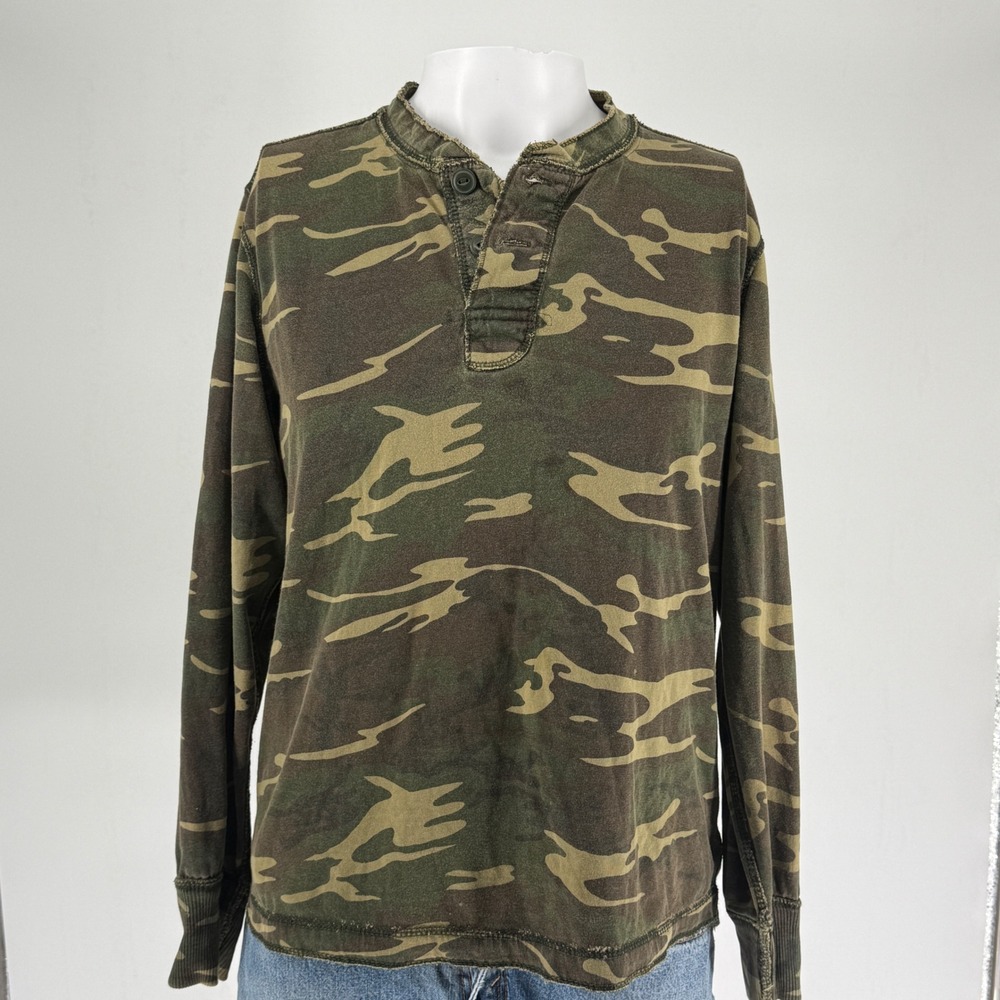 No Boundaries Henley Shirt Mens Large Green Camo Excellent Vintage Fit Organic